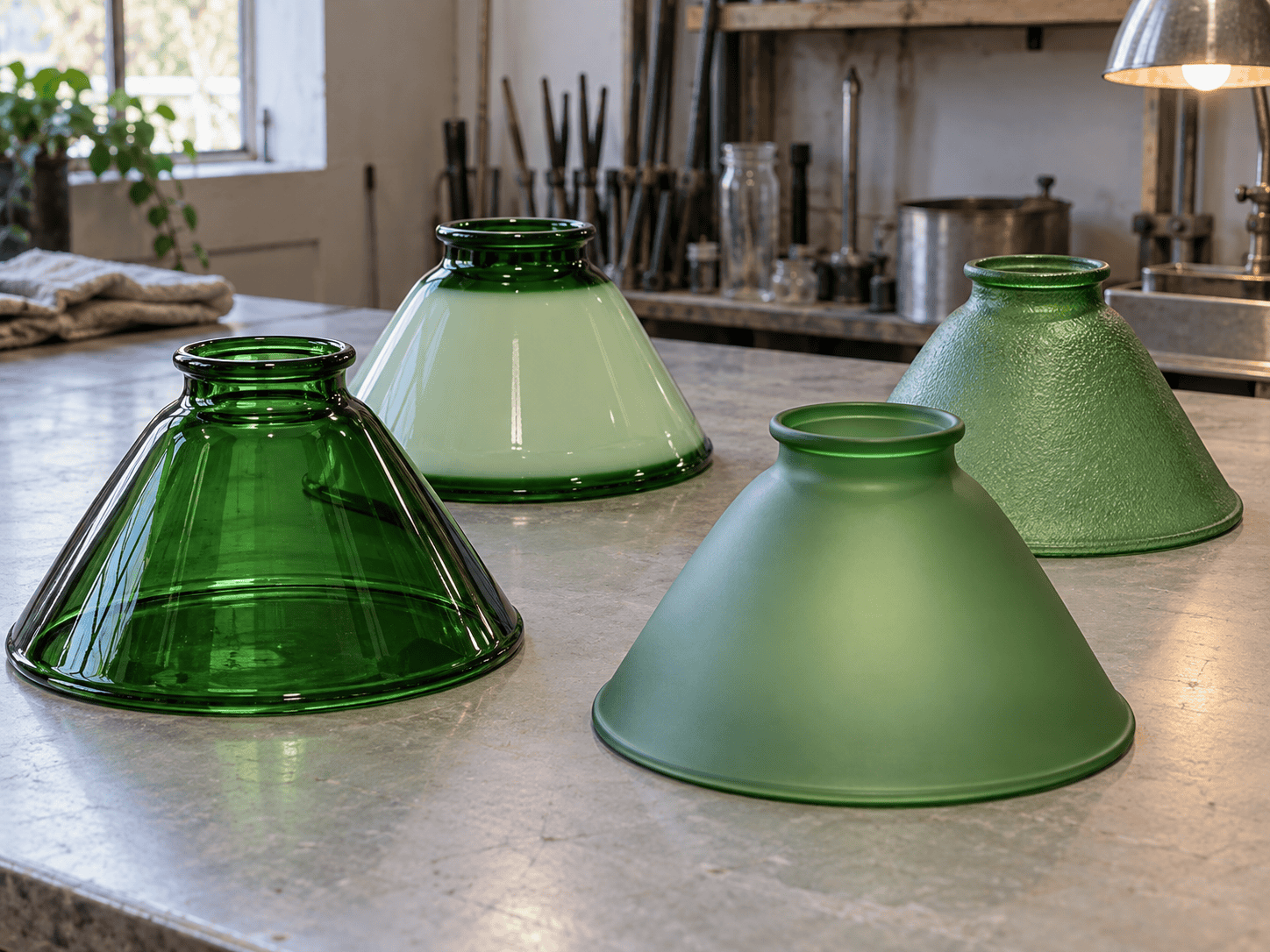 Cutaway style comparison of full body green glass, cased glass, satin glass and surface color on lamp shade samples
