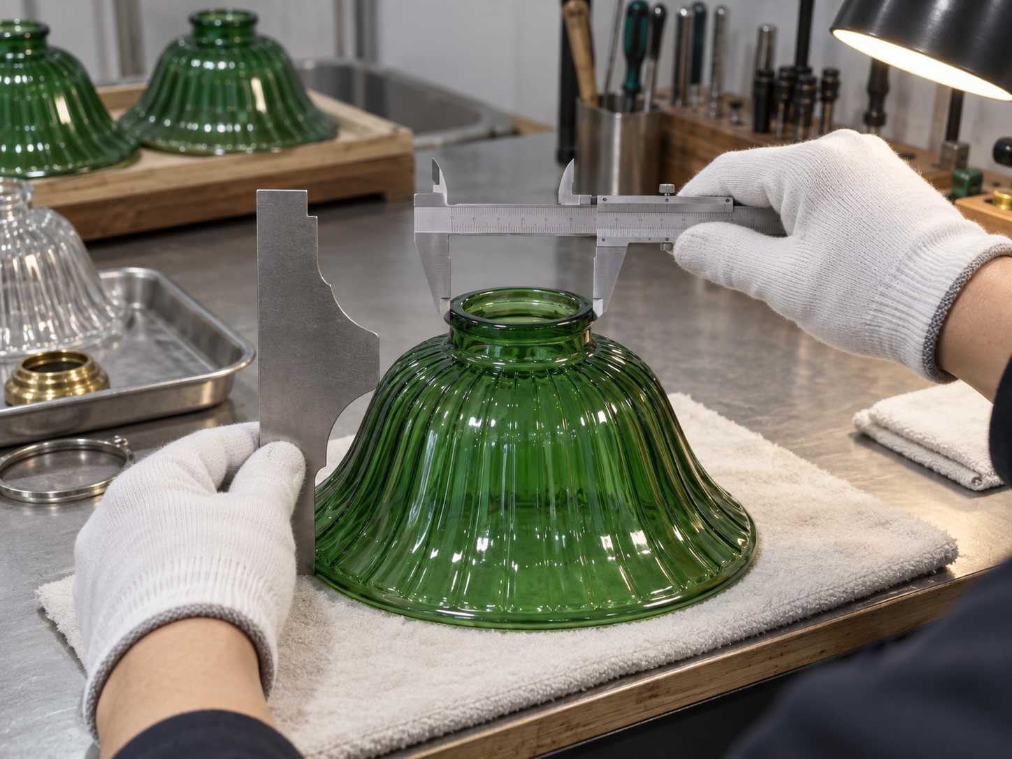 Calipers and a profile template measuring the fitter opening and height of a green glass lamp shade