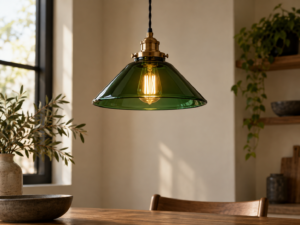 Green glass lamp shade glowing on an unbranded pendant fixture in a warm neutral interior