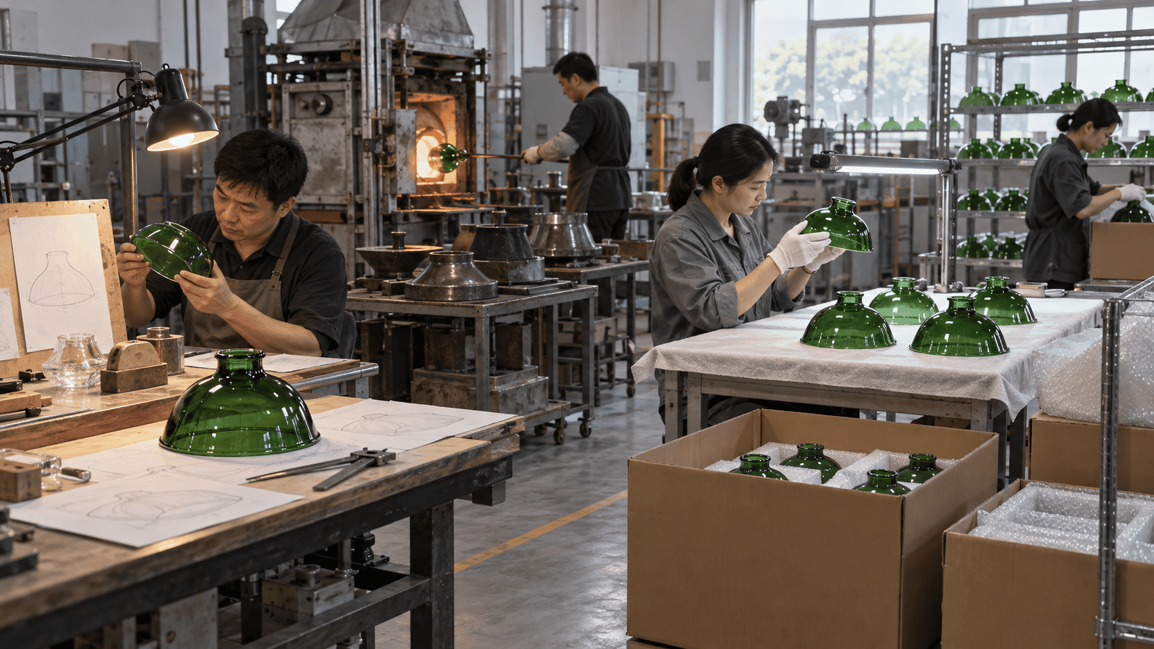 Workers crafting green glass lampshades in a factory setting.
