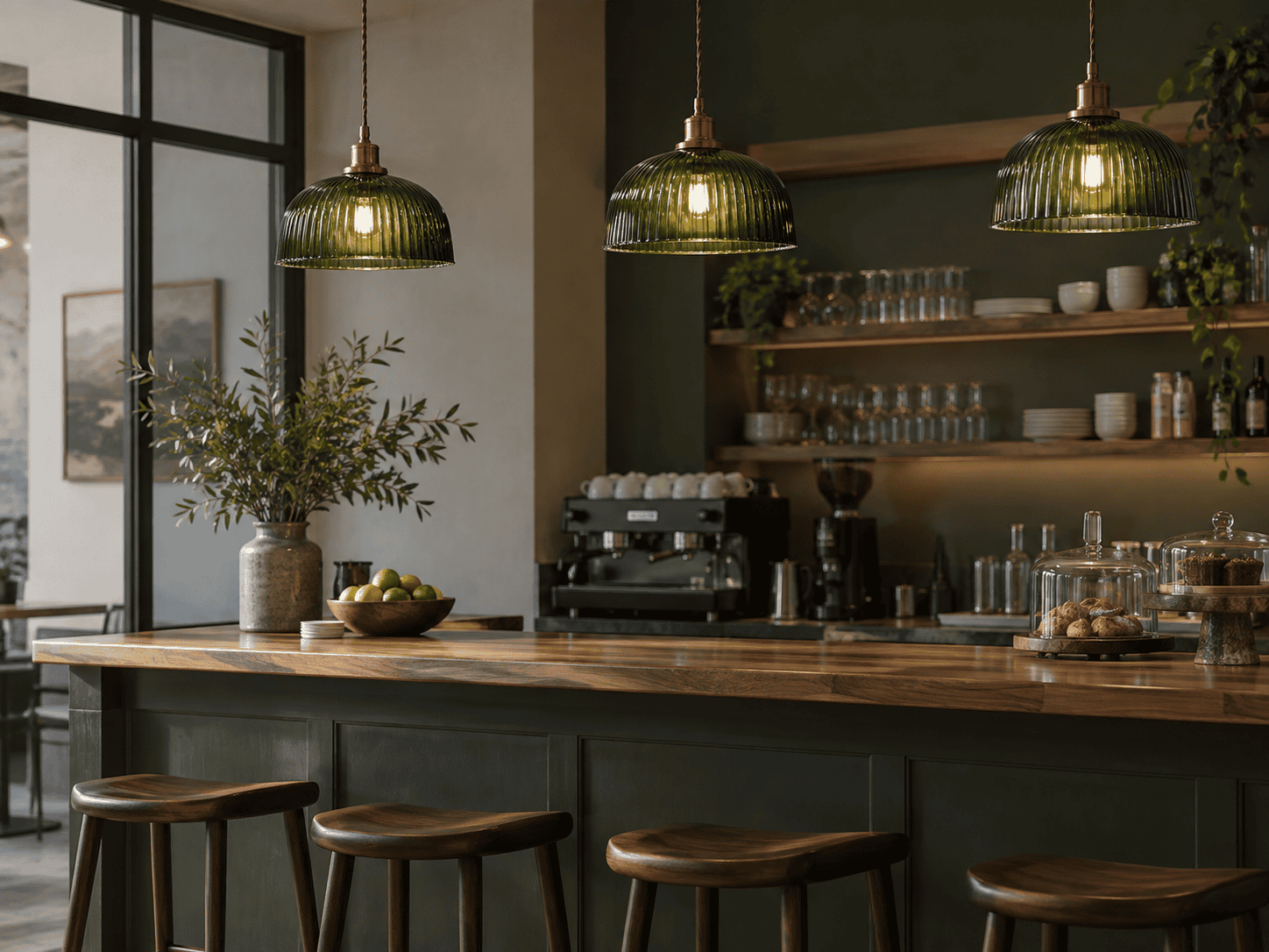Elegant green glass pendant lampshades in a modern cafe setting.