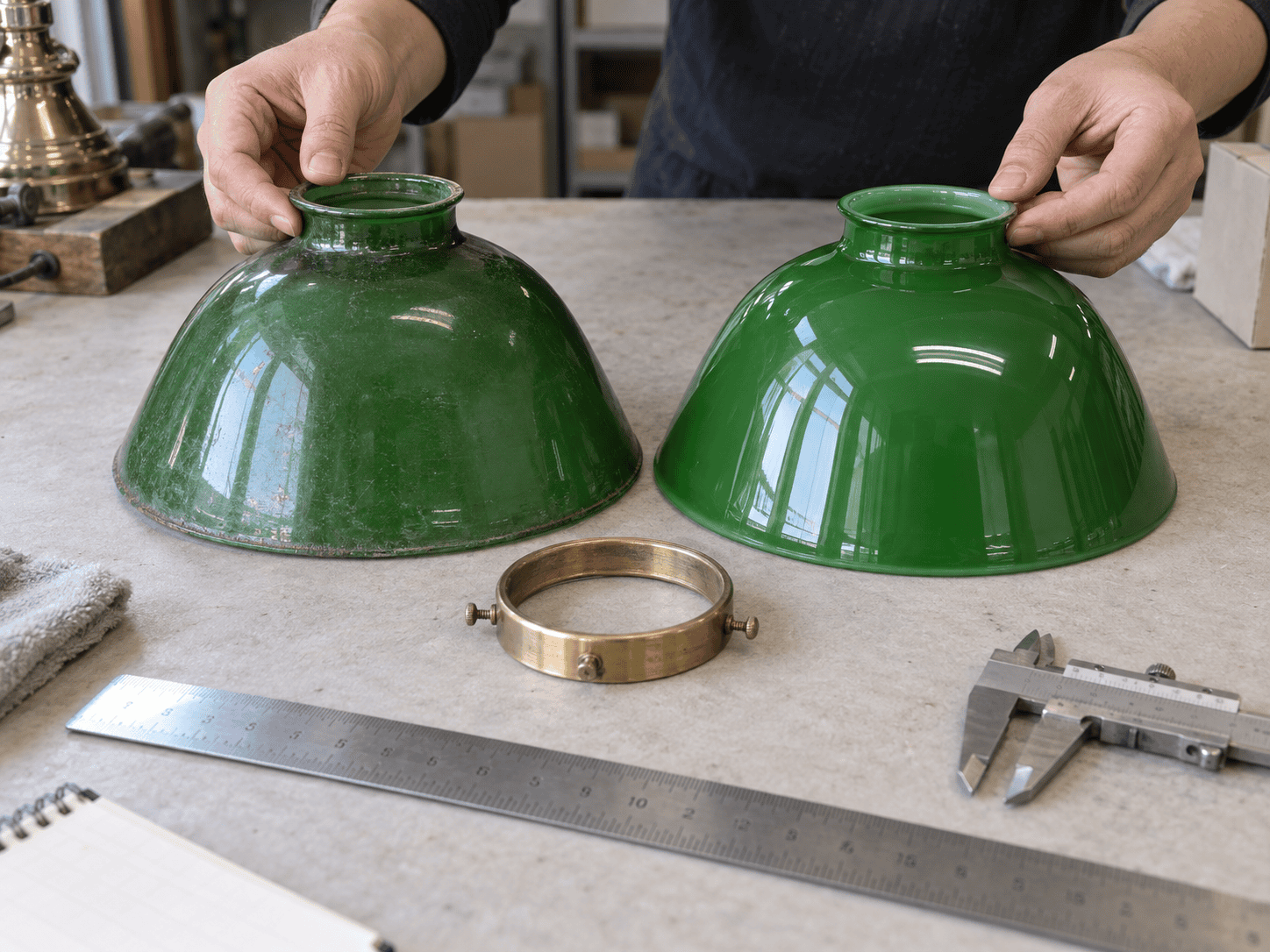 Two green glass lampshades being inspected in a workshop setting.