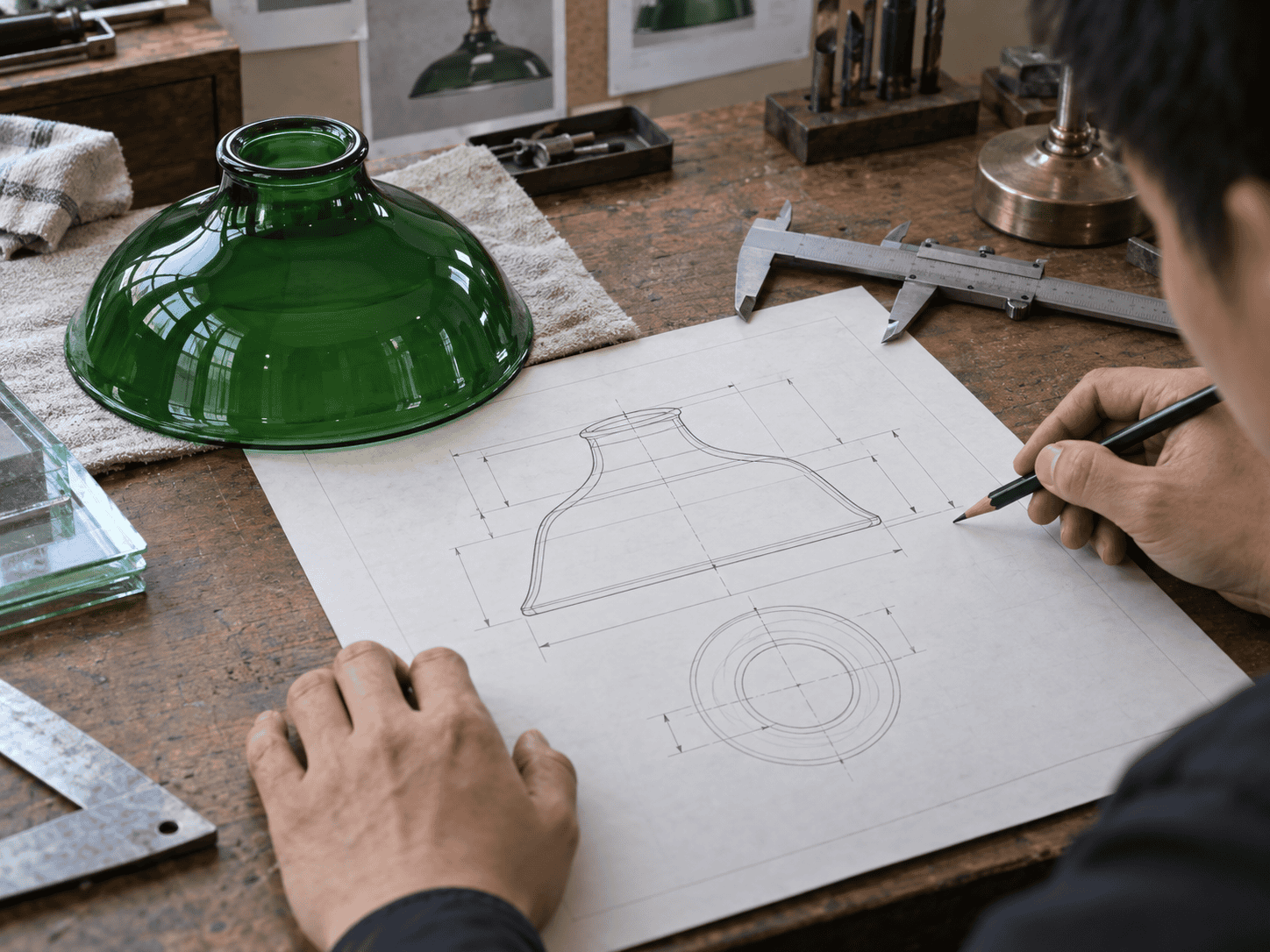 Lighting buyer preparing a dimensioned green glass lamp shade profile and fitter detail beside a physical sample