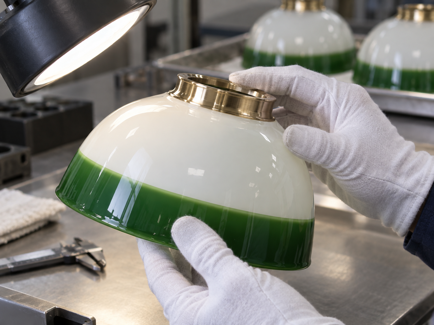 Close inspection of a polished fitter rim and green color boundary with a soft inspection light