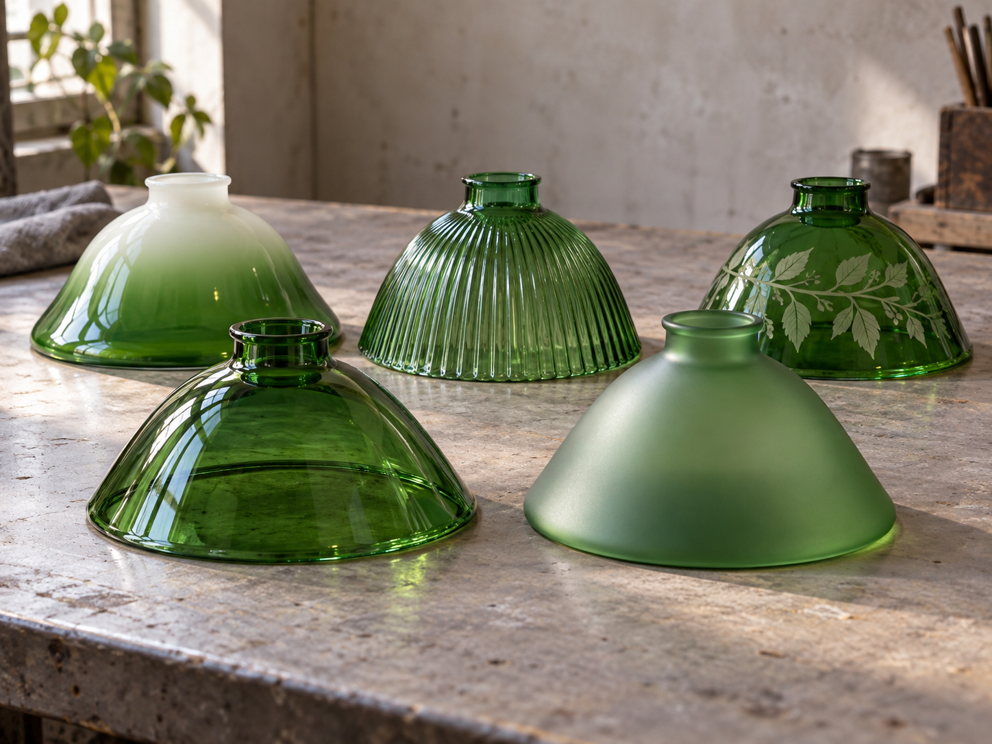 Collection of green glass lampshades for home lighting and decor.
