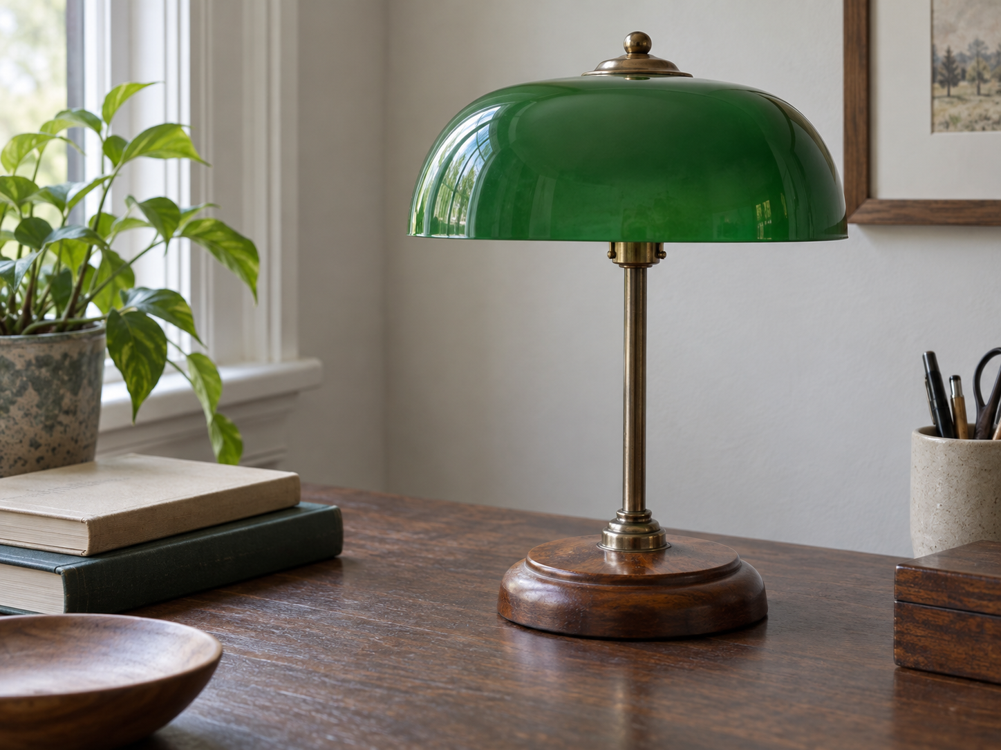Elegant green glass lampshade on wooden desk for home decor.