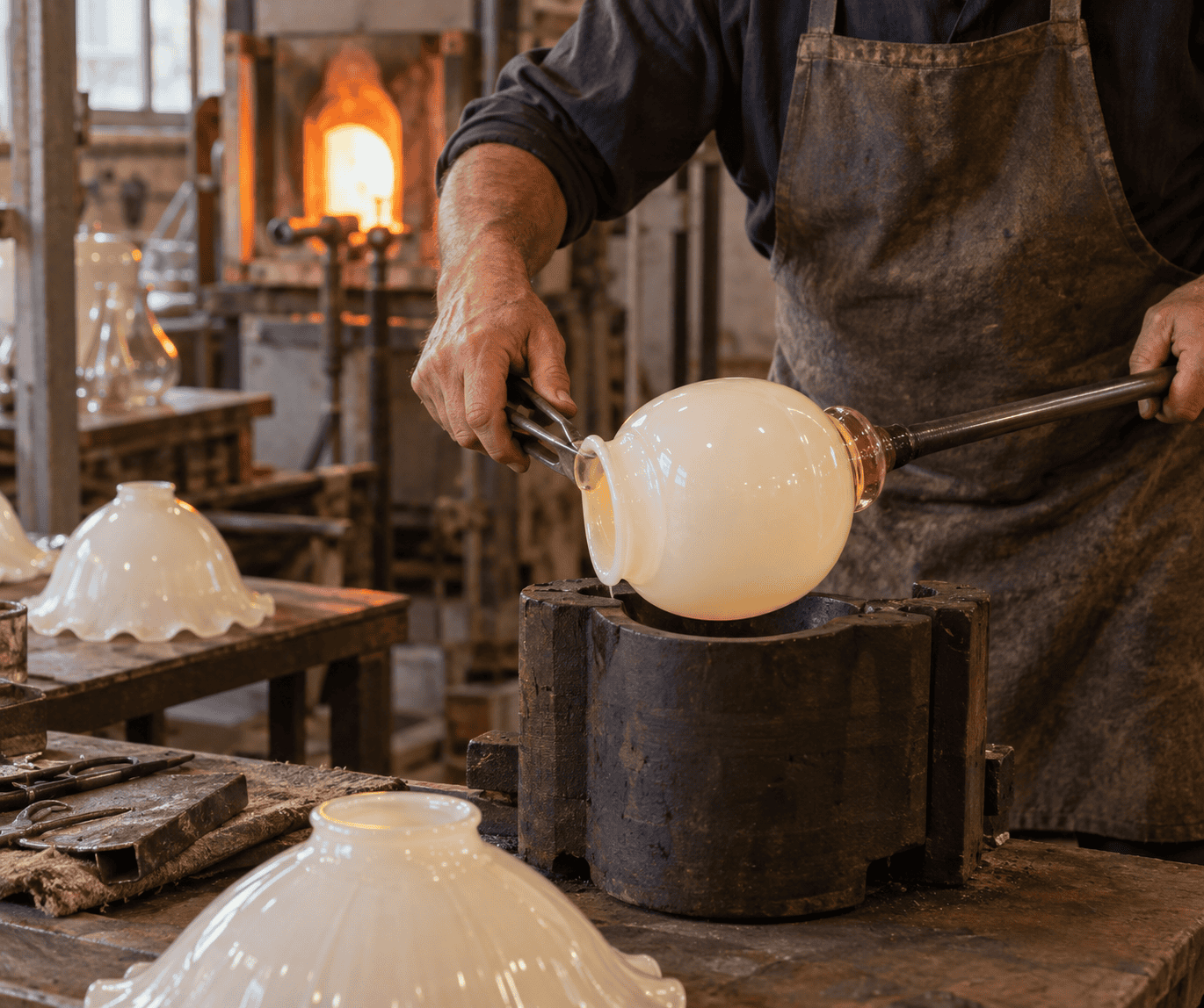 Artigiano che realizza un paralume in vetro in un laboratorio per il design dell'illuminazione.