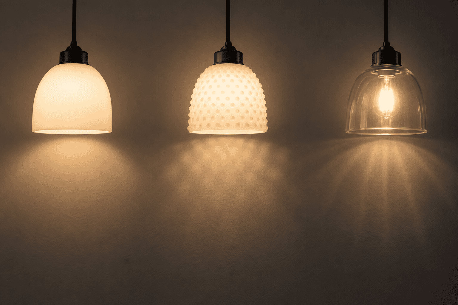 Tre paralumi a sospensione in vetro con design ed effetti luminosi diversi.