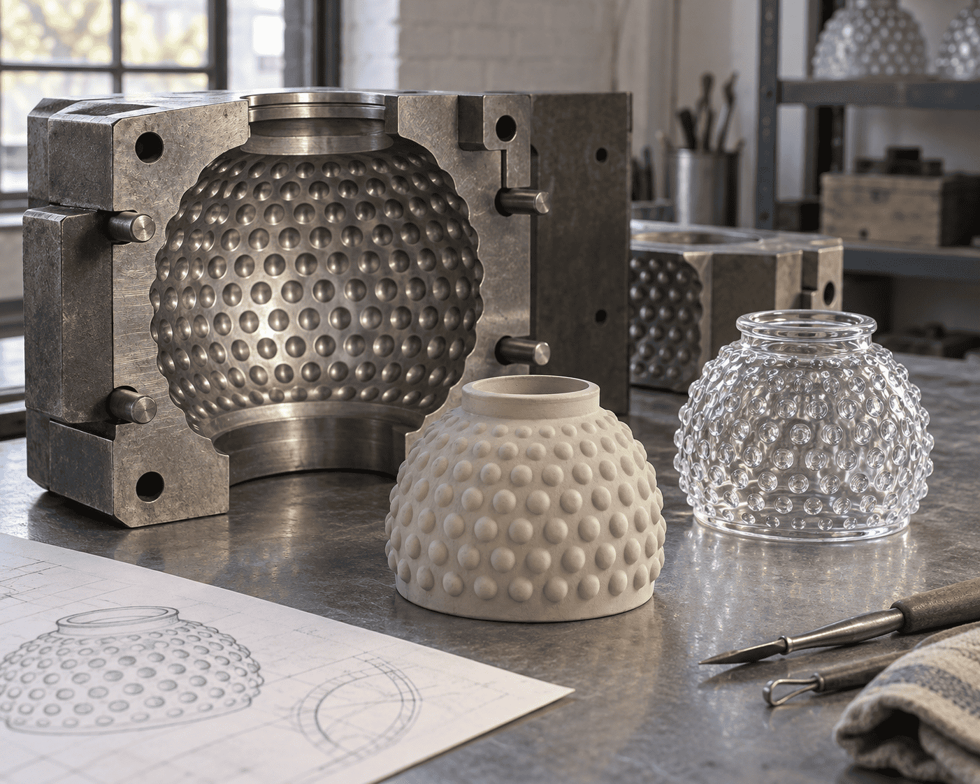Paralumi in vetro nel processo di produzione in fabbrica.