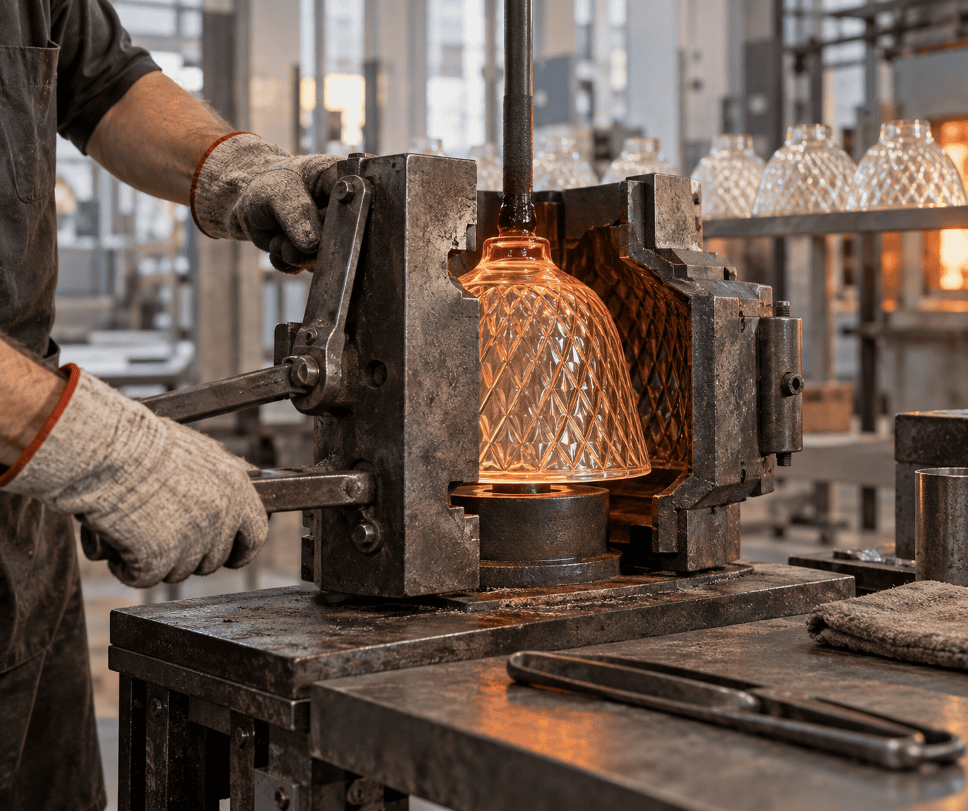 Laboratorio del vetro che modella vetro caldo all'interno di uno stampo metallico per un paralume testurizzato senza marchio visibile