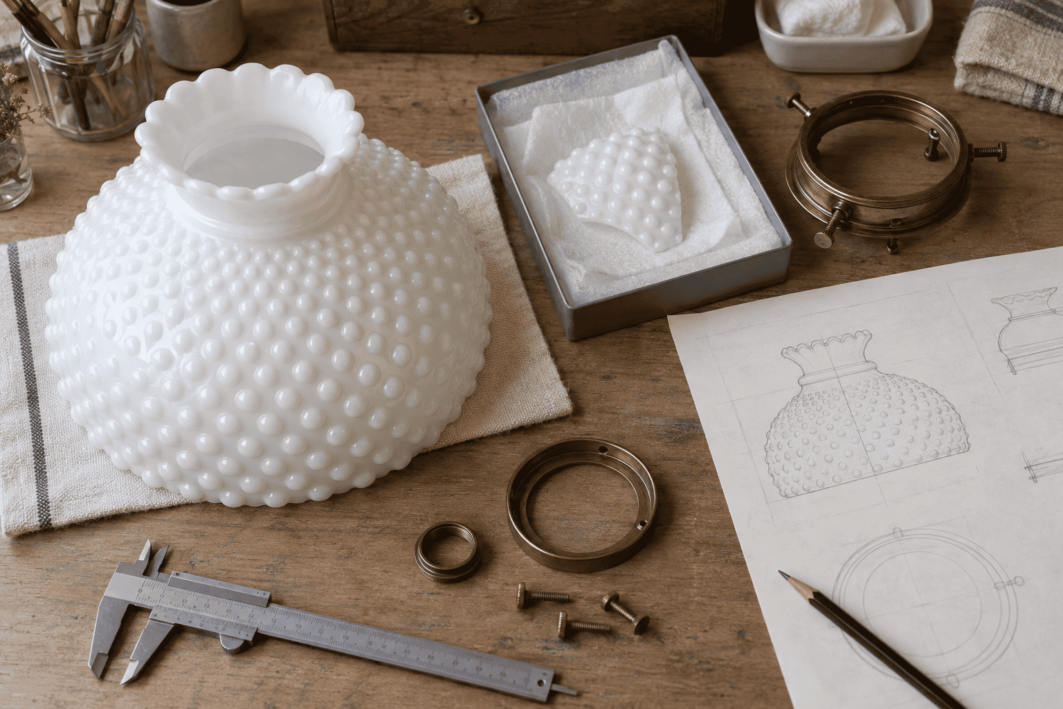 Paralume in vetro bianco testurizzato con schizzi di design e strumenti.