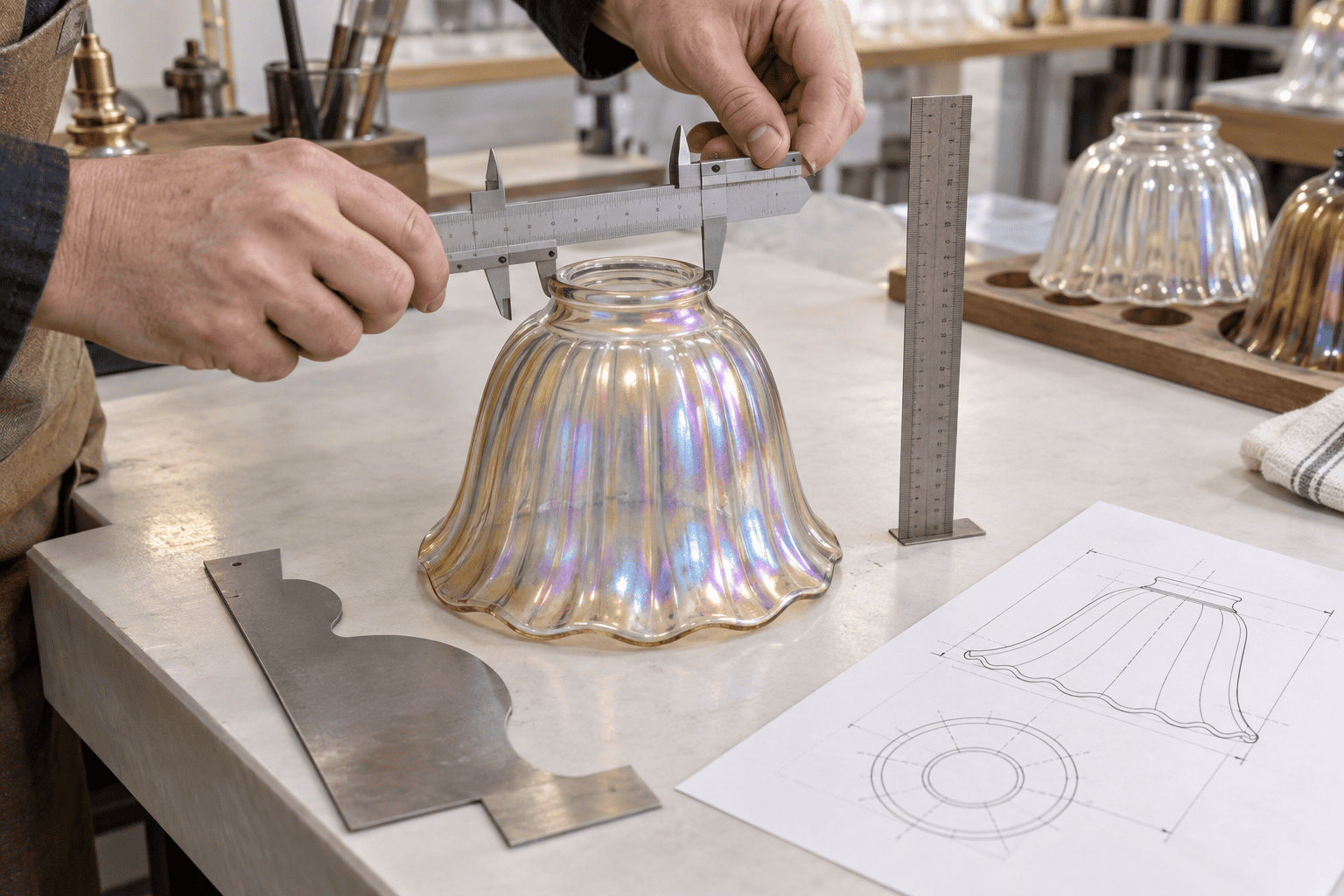 Craftsman measuring iridescent glass lampshade with caliper and ruler.