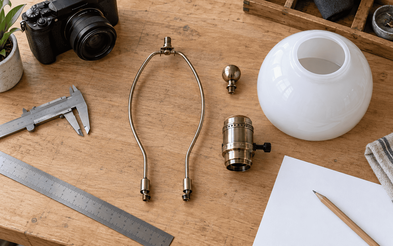 Tools and equipment for glass lampshade manufacturing on wooden table.