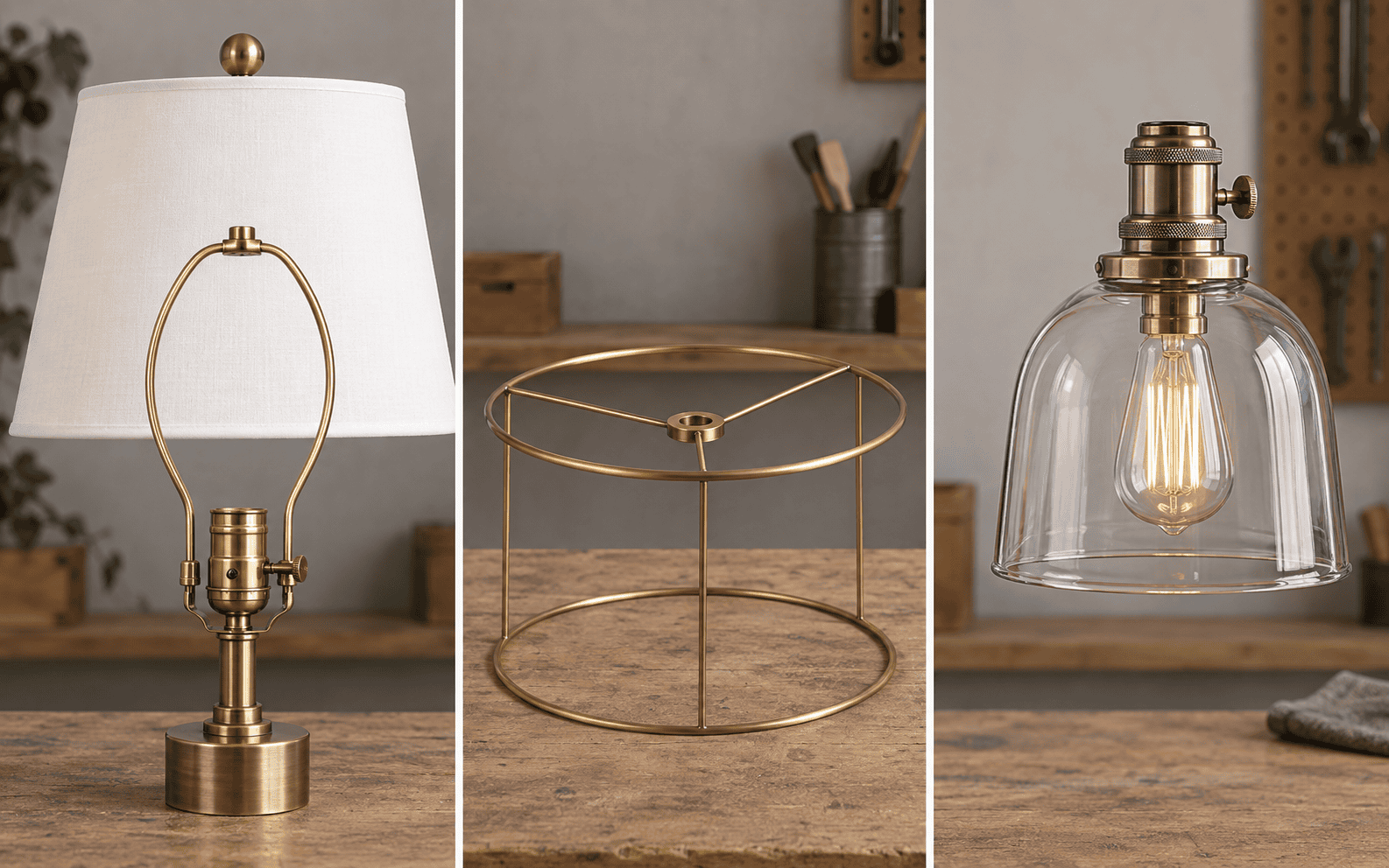 Harp-and-finial shade mount, circular lamp shade ring and glass shade socket fitter shown as three separate unbranded setups