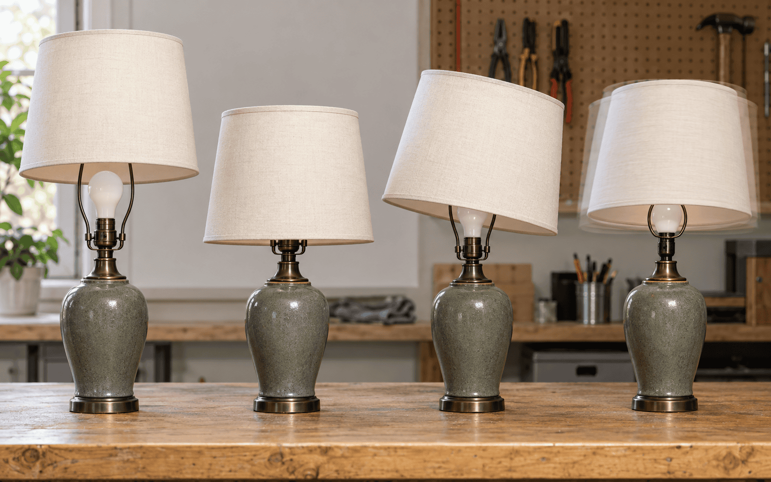 Set of four glass lampshades with fabric covers on a wooden table.