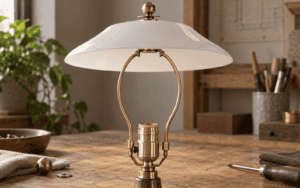 Brass lamp shade harp supporting a white glass shade above a socket on a workshop bench