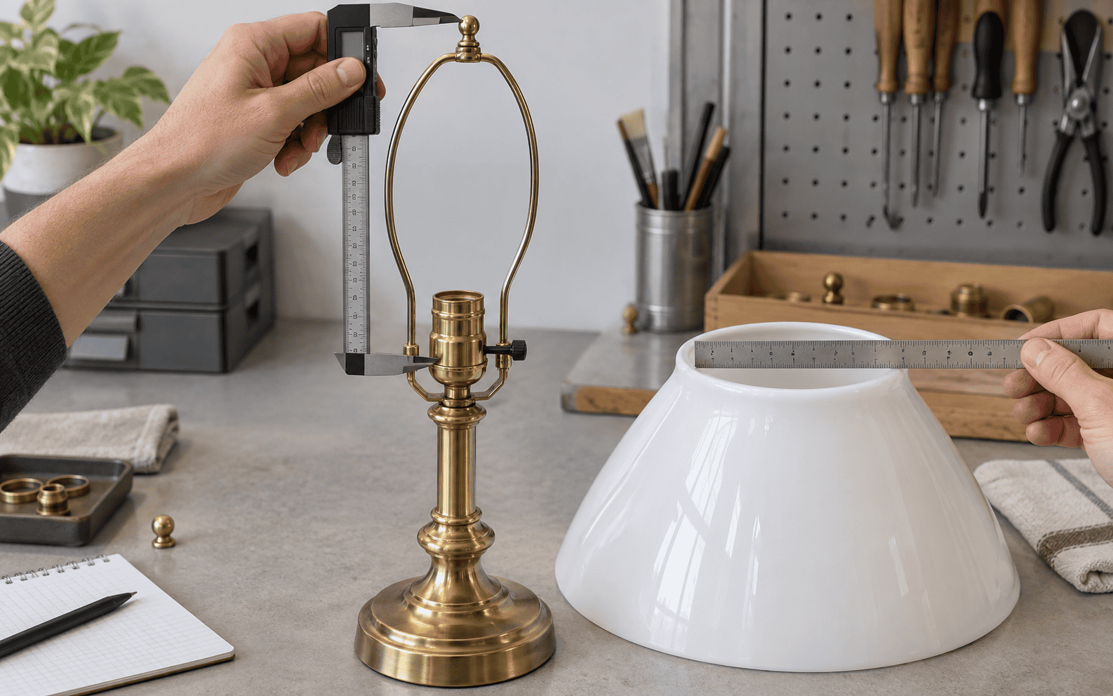 Hands using a caliper and ruler to measure a brass lamp harp and a white glass shade opening