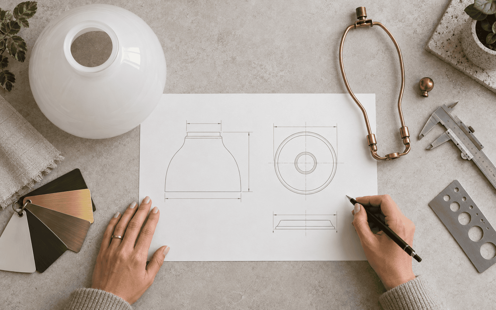 Architectural blueprint of a glass lampshade with design details.