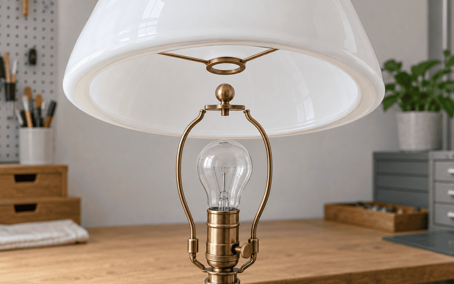 White opal glass shade with a spider opening positioned above a brass harp and a safely unlit bulb
