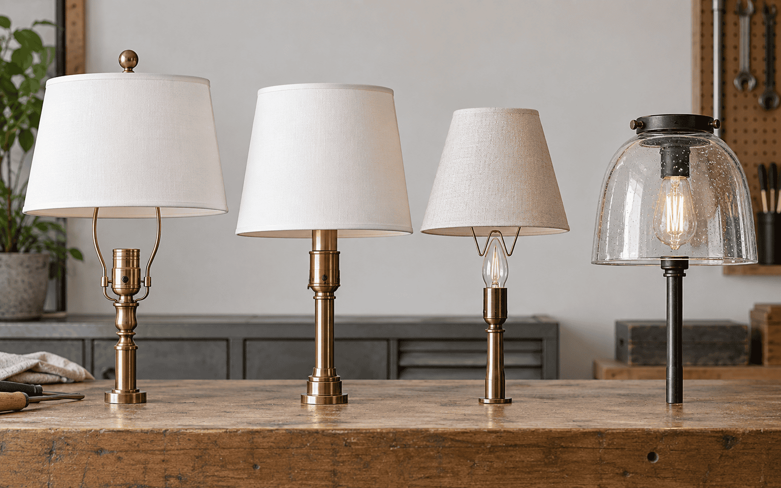 Set of four stylish glass and fabric lampshades on wooden table.