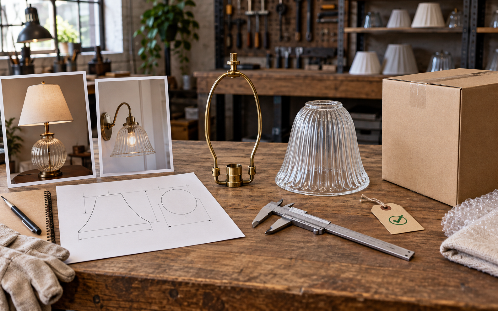 Lamp harp, glass sample, blank dimension sheet, fixture photos, calipers and plain shipping box arranged as an OEM RFQ workflow