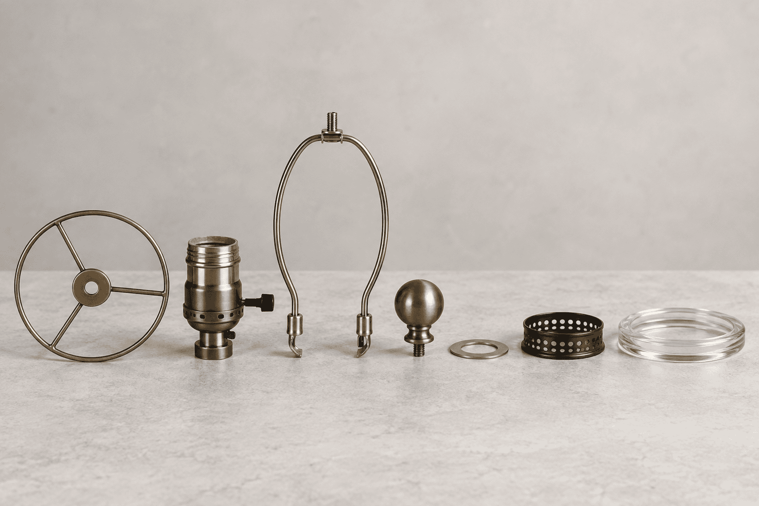 Neutral comparison board showing lamp shade ring fitter harp finial washer gallery and glass rim components