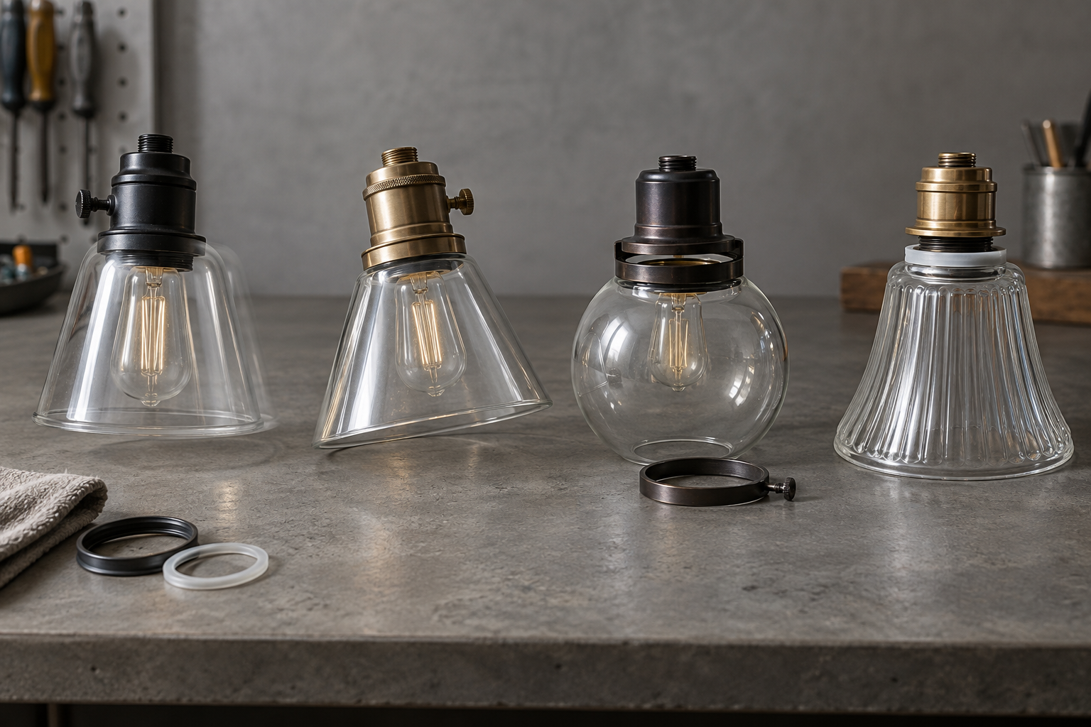 Collection of glass lampshades in various shapes and finishes for lighting design.