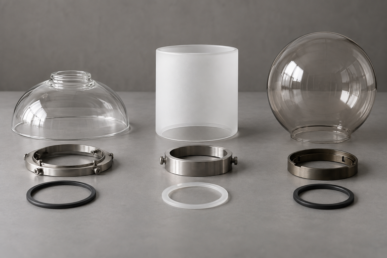 Glass lampshade parts including domes and rings for lighting fixtures.