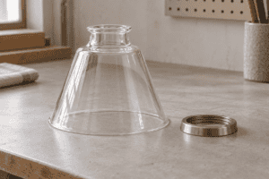 Unbranded clear glass shade and separate metal lamp shade ring on a workshop bench