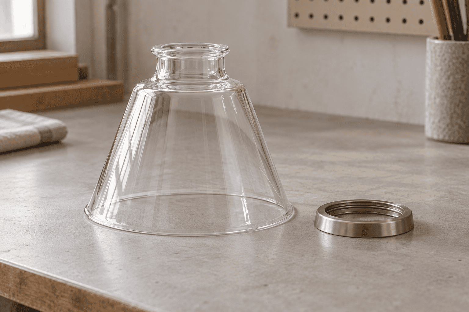 Unbranded glass lamp shade ring and replacement shade assembly on a neutral workbench