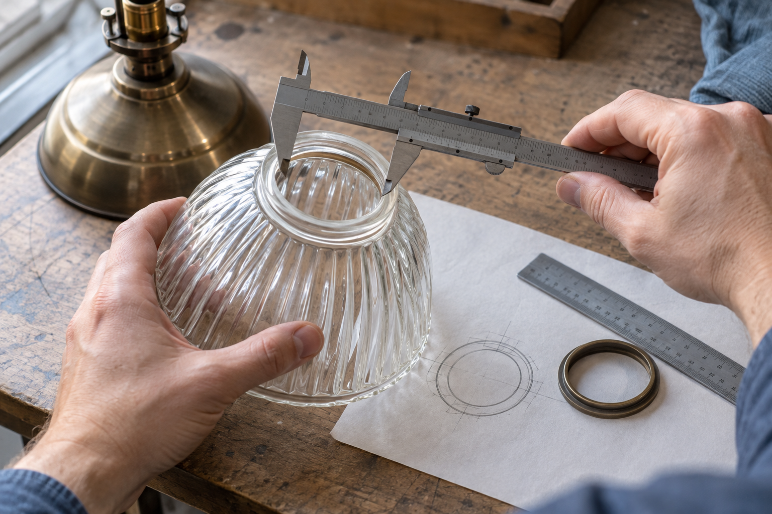 Lighting buyer measuring a lamp shade ring opening with calipers ruler depth gauge and a paper tracing beside the fixture