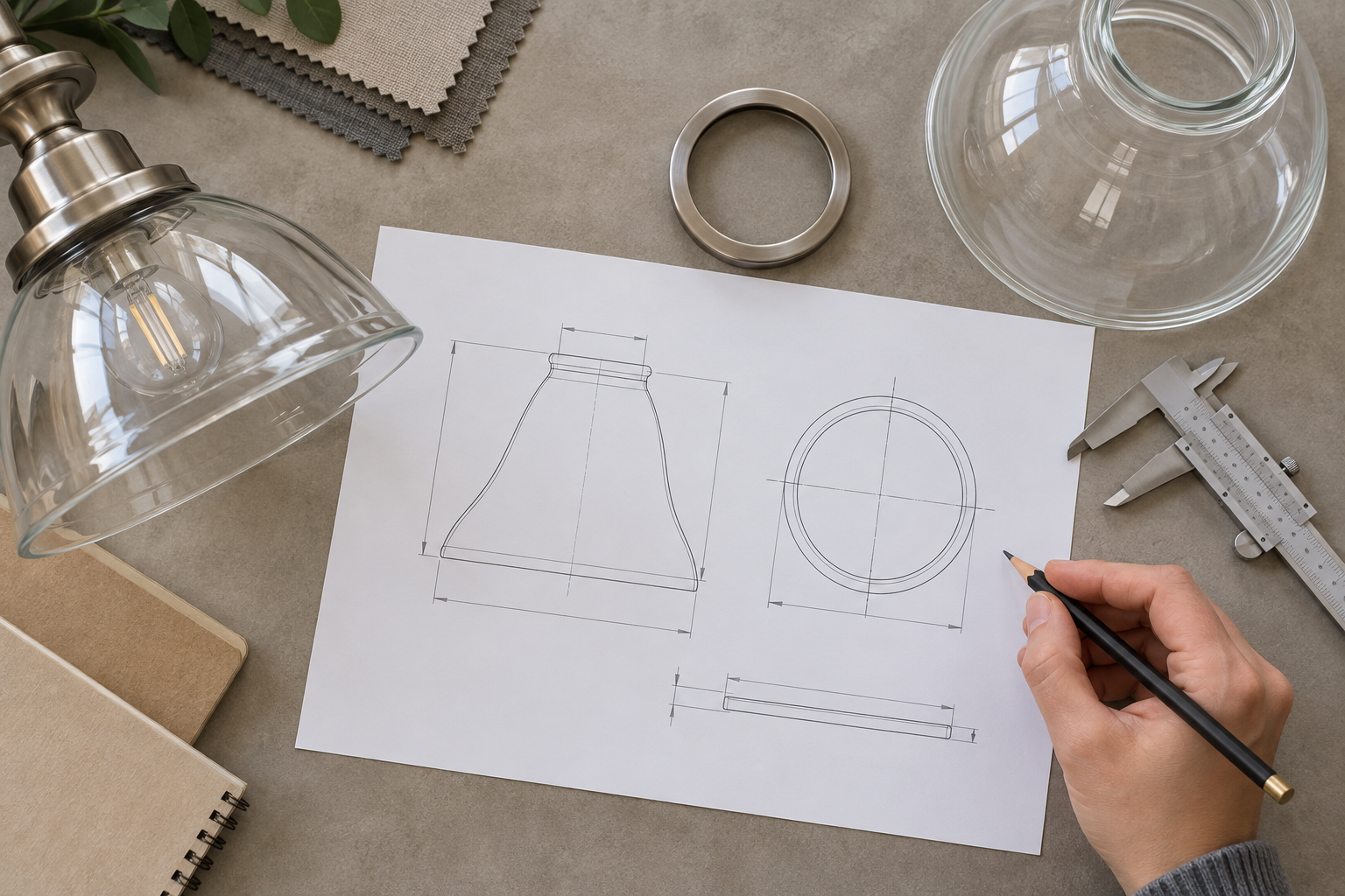 Design blueprint for glass lampshade with technical sketches and tools.