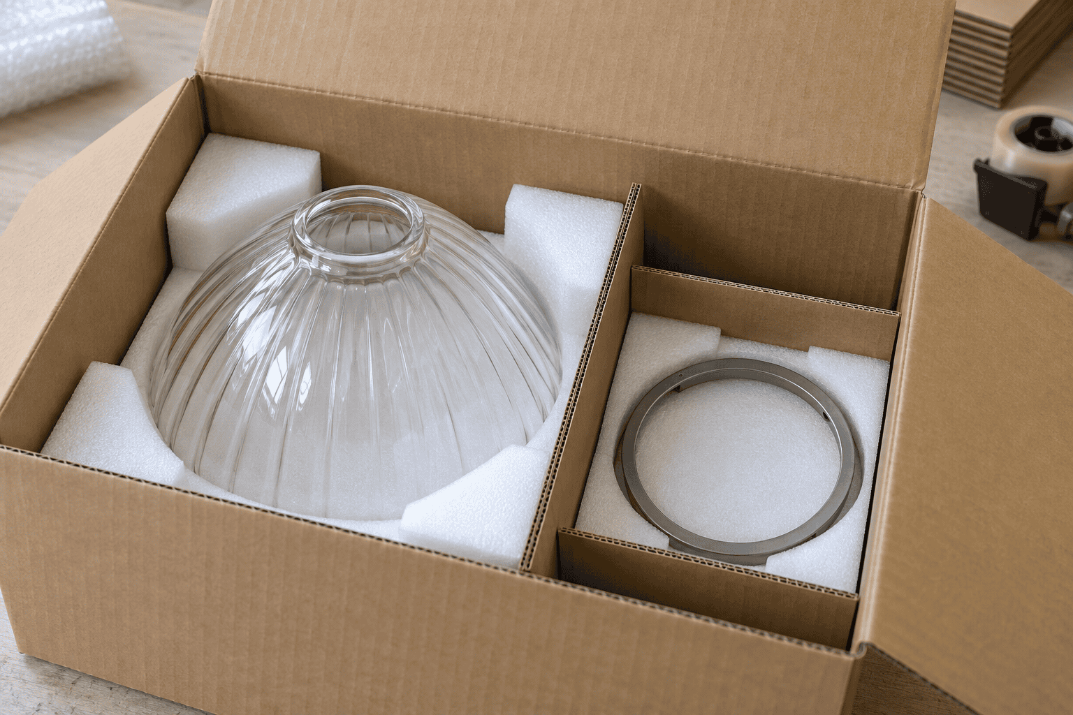 Individually protected glass shade and ring components separated by dividers inside a plain export carton