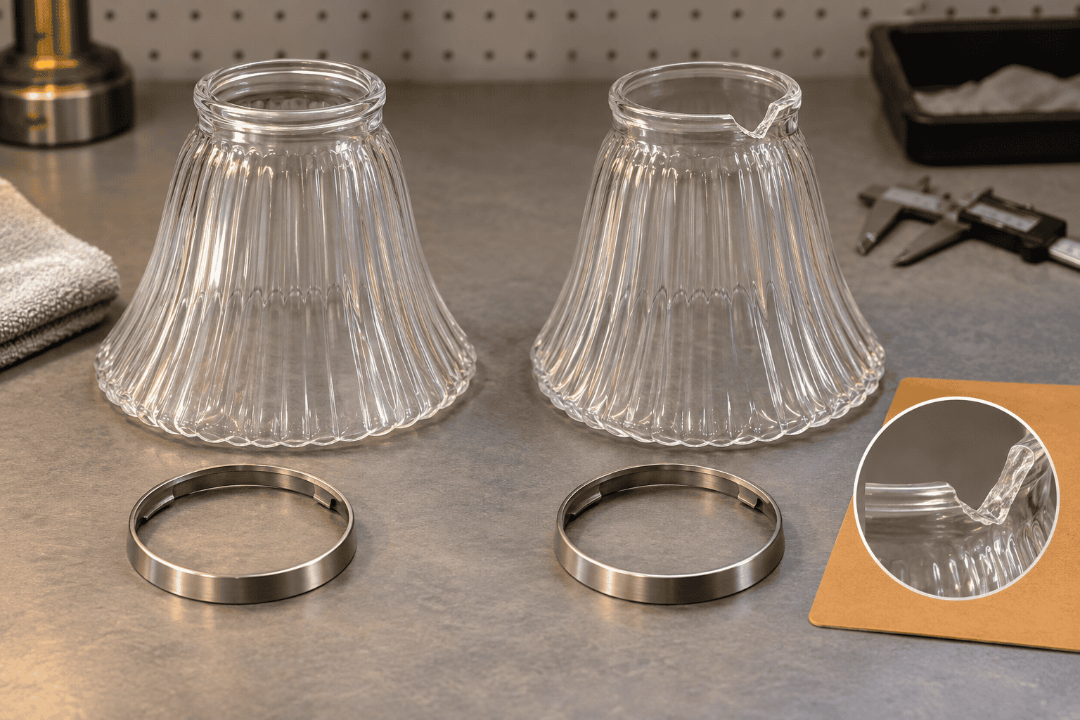 Two clear glass lampshades with metal rings on a workbench.