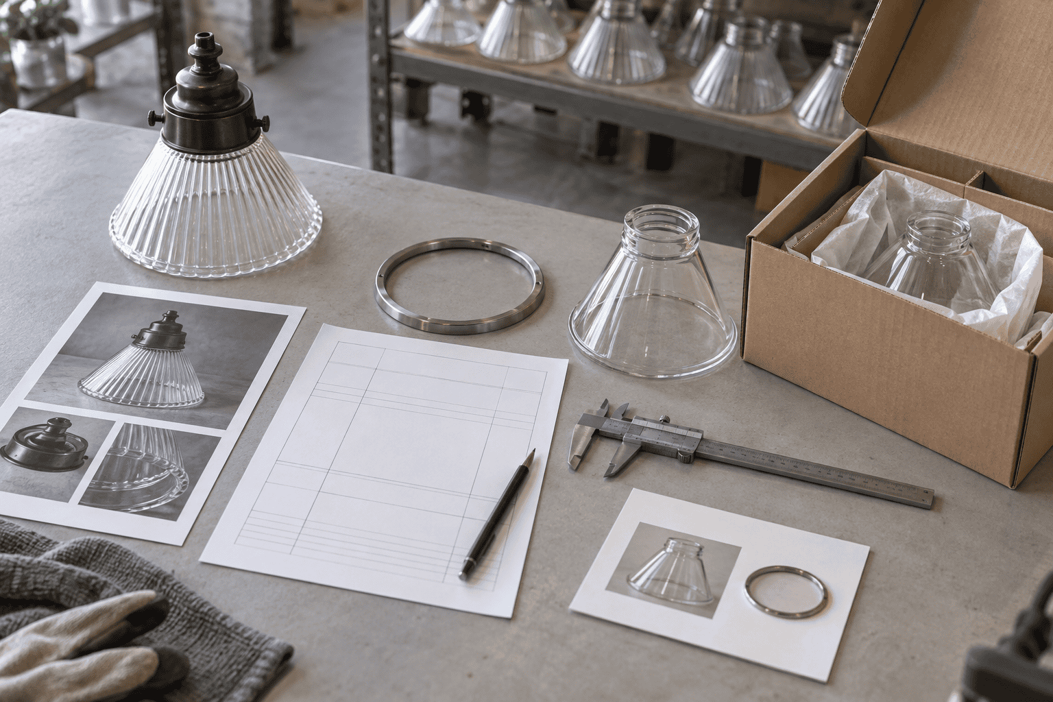 Glass lampshade components and tools for manufacturing and quality control.