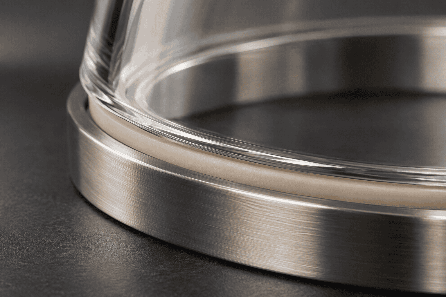 Close inspection of a glass shade rim and circular ring contact transition under soft neutral inspection light