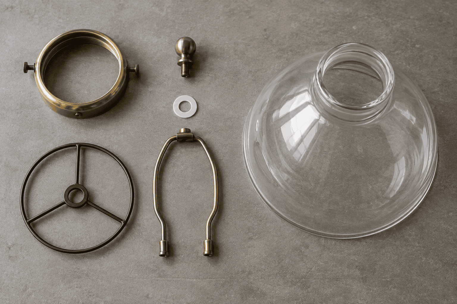 Glass lampshade parts including metal fittings and glass bulb cover.