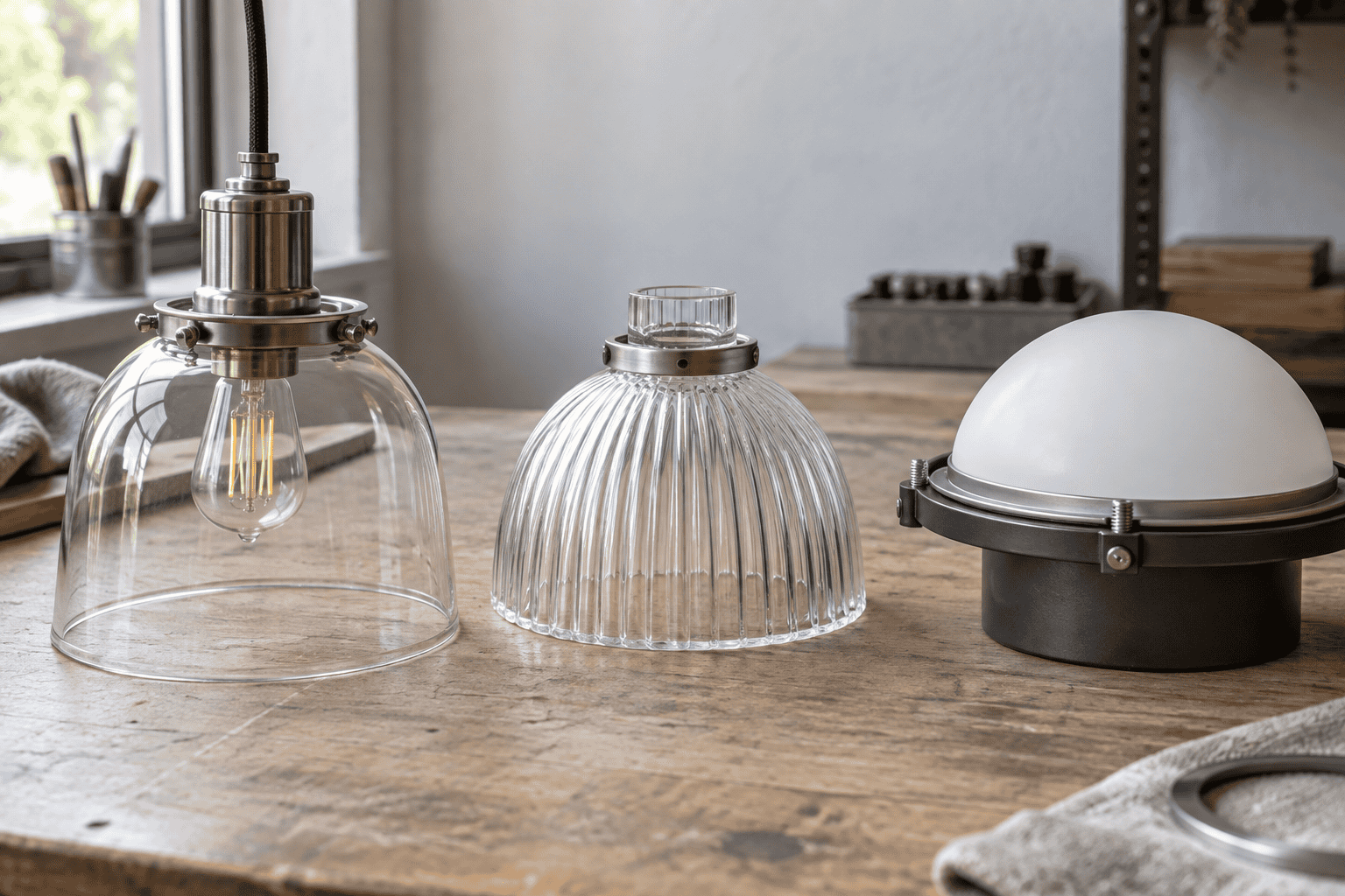 Three close-up glass shade assemblies demonstrating support location and retention roles for circular rings