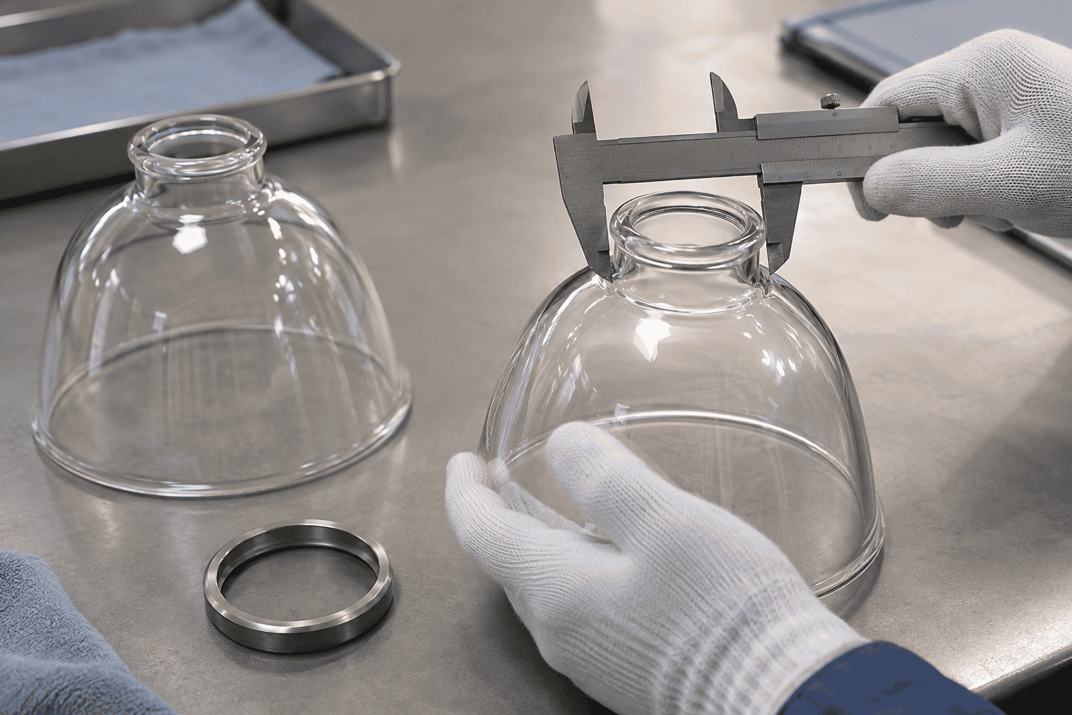 Approved glass shade and ring sample being checked with calipers on a neutral inspection bench