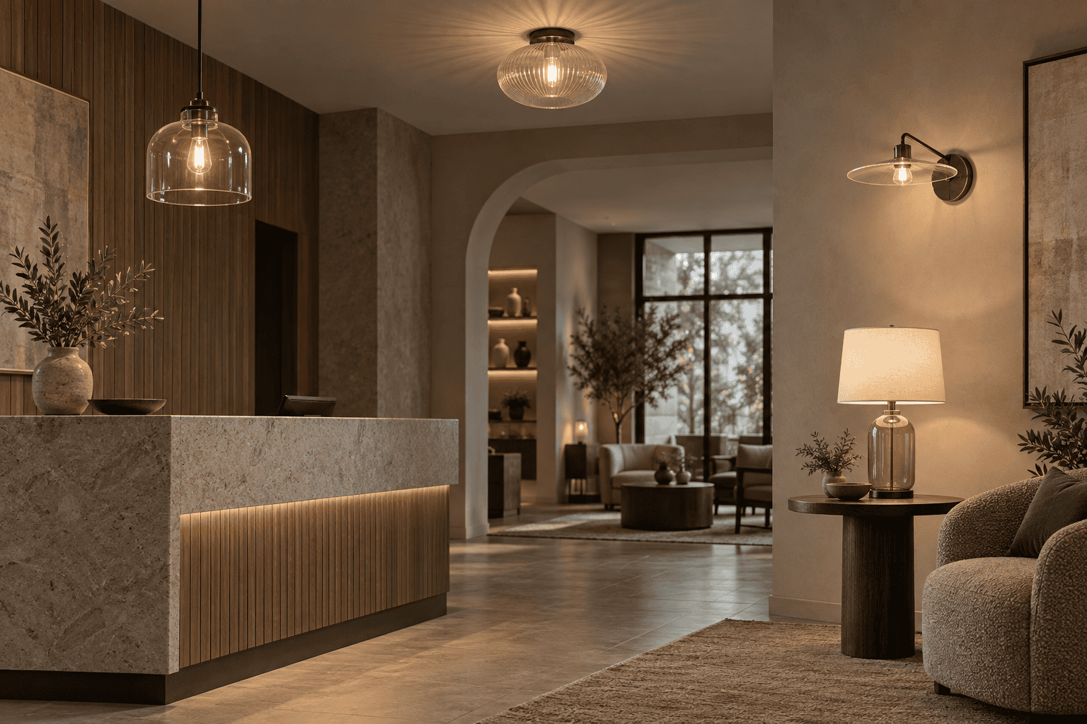Modern interior with glass lampshades and stylish lighting fixtures.