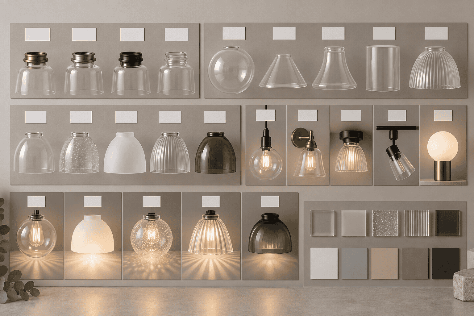 Buyer comparison board with lamp shade samples grouped by fitter shape material light job and application