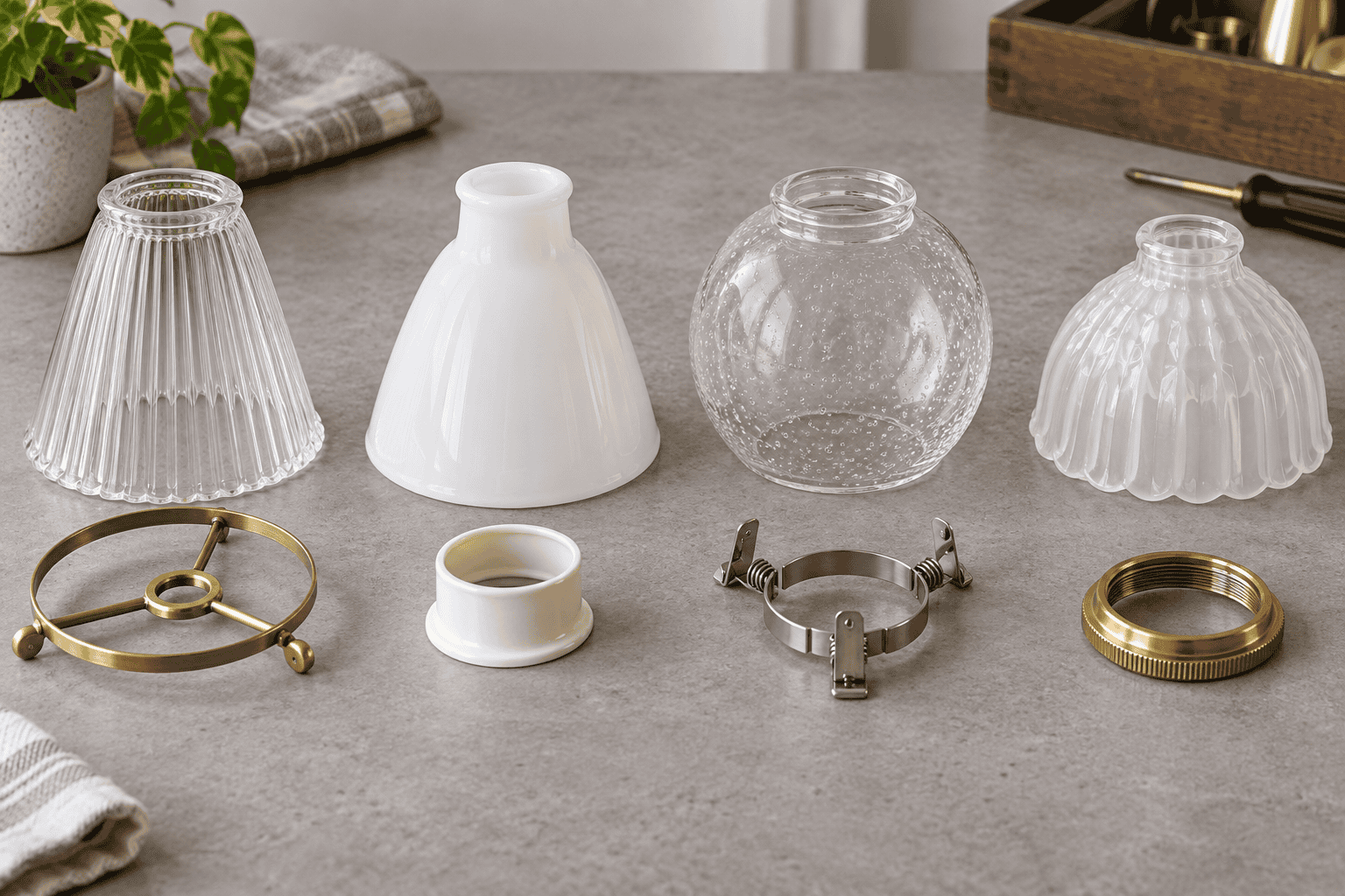 Spider uno clip-on and threaded glass shade fitter examples arranged beside a neutral hardware board