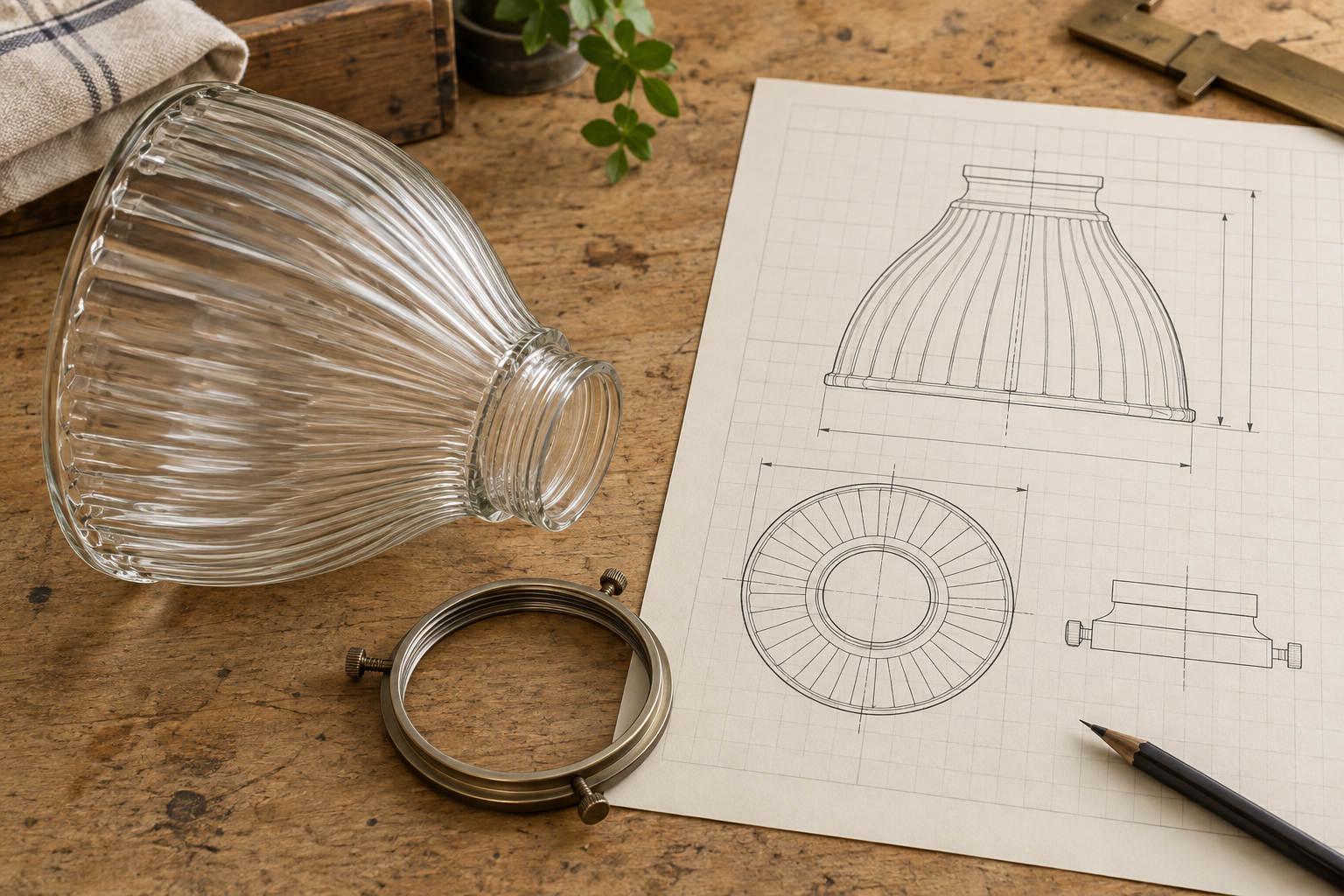 Side profile and underside view of a glass lamp shade beside a fitter ring and fixture drawing