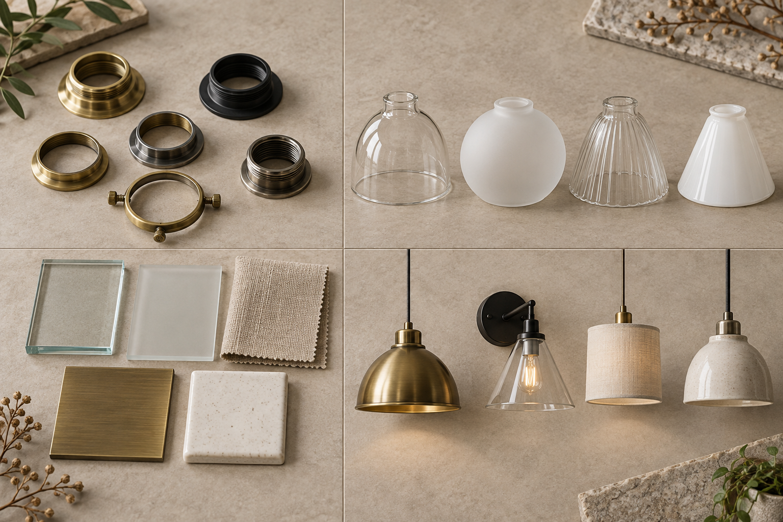 Variety of glass lampshades and hardware for lighting fixtures.