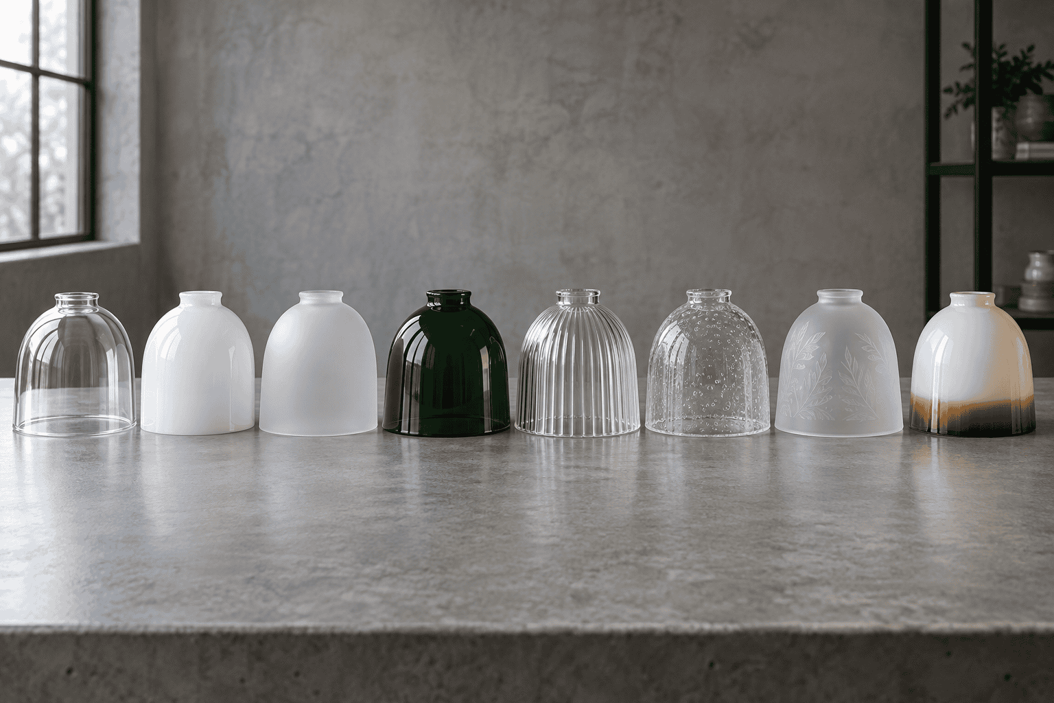 Variety of glass lampshades in different shapes and colors on a concrete surface.