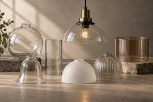 Elegant glass lampshades in various shapes and sizes for stylish lighting.