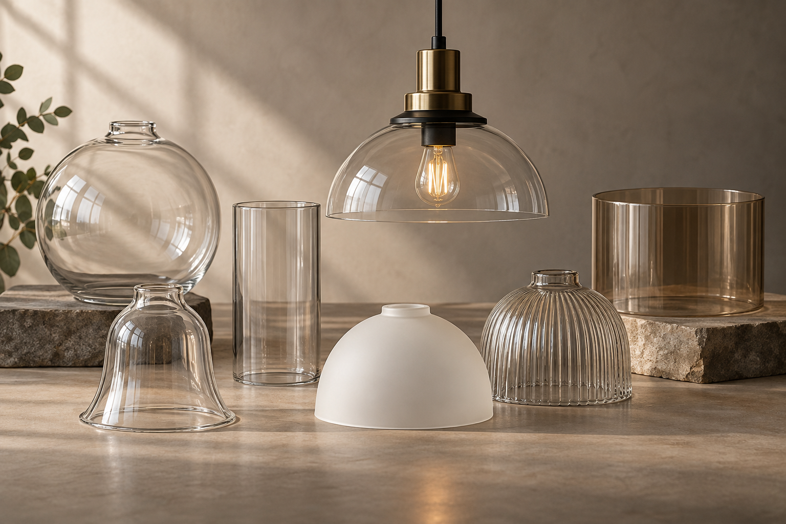 Elegant glass lampshades in various shapes and sizes for stylish lighting.