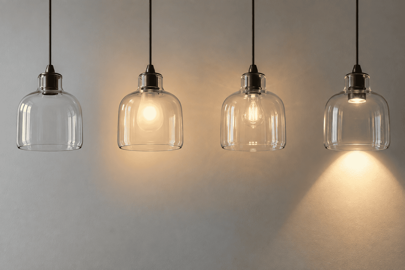Elegant glass pendant lampshades hanging in a row.