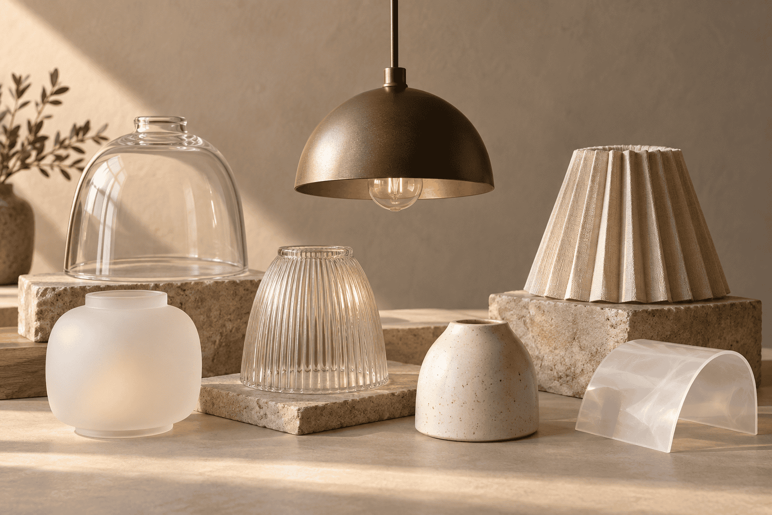 Collection of glass lampshades in various shapes and sizes for stylish lighting.