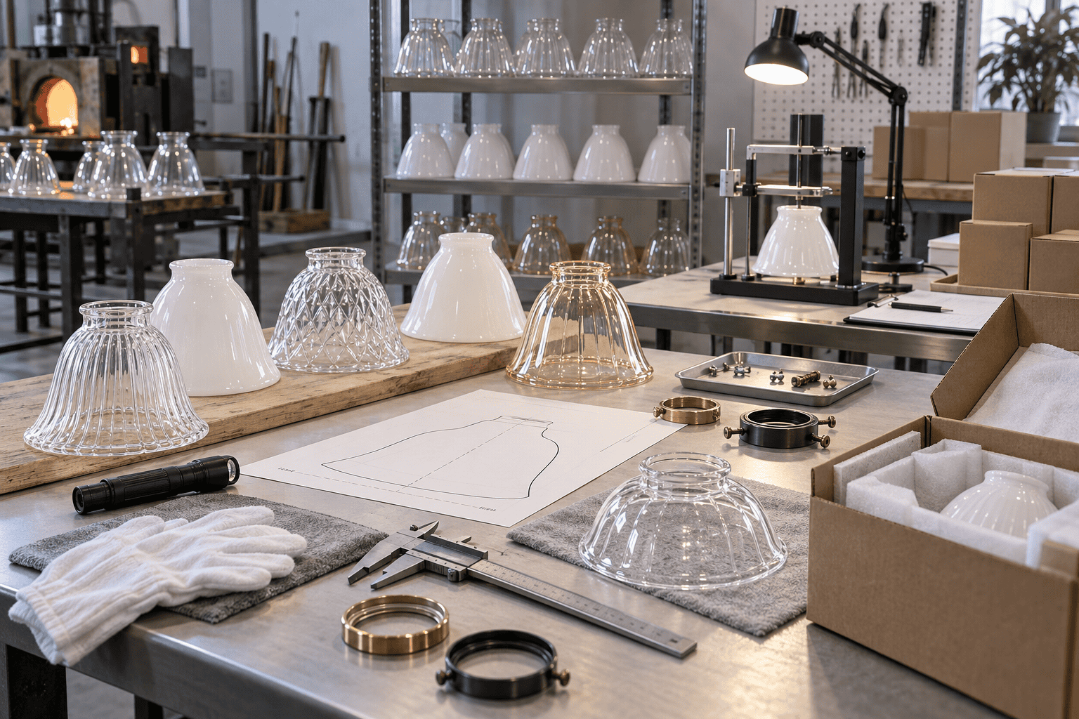 Small batch OEM workflow with shade samples drawing tools inspection bench and protected packing area